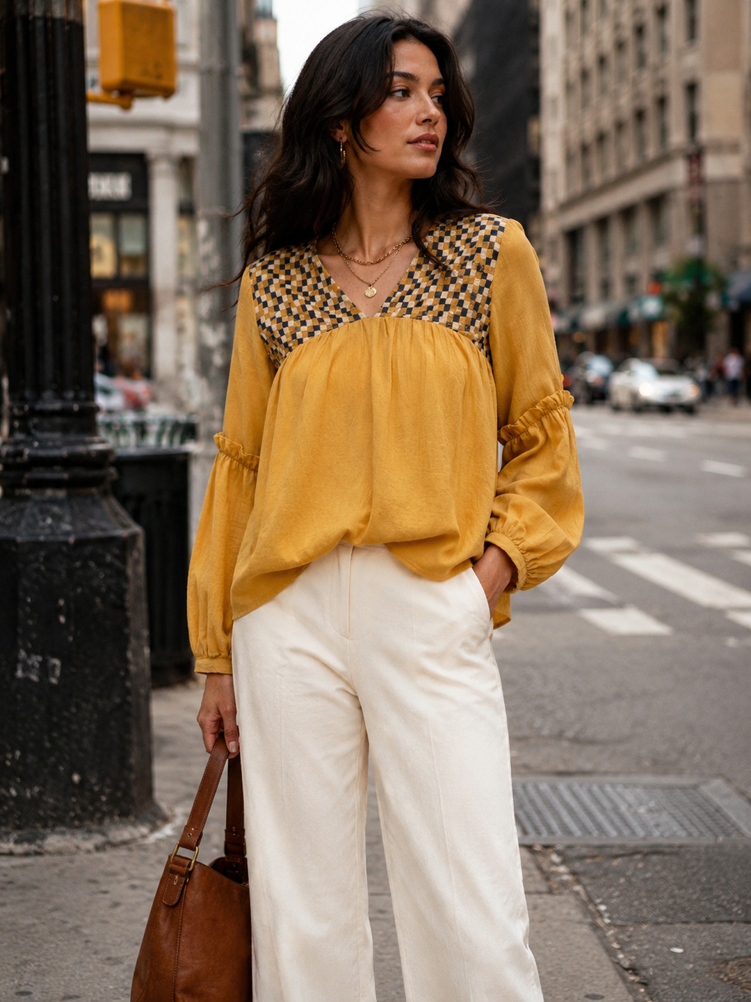 WOMEN'S LONG SLEEVE V-NECK DETAILED LOOSE FIT BLOUSE