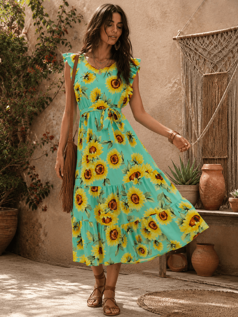 WOMEN'S SHORT RUFFLE SLEEVE ELASTIC WAIST FRONT POCKETS FLORAL MAXI DRESS