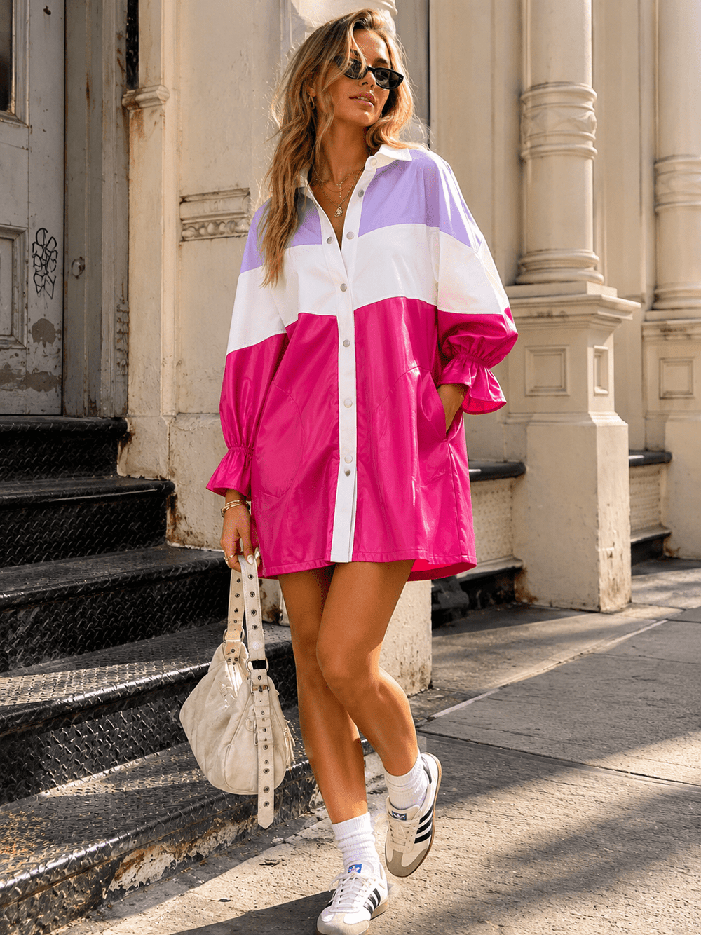 WOMEN'S 3/4 SLEEVE BUTTON UP POCKETS COLORBLOCK PU PLEATHER MINI DRESS