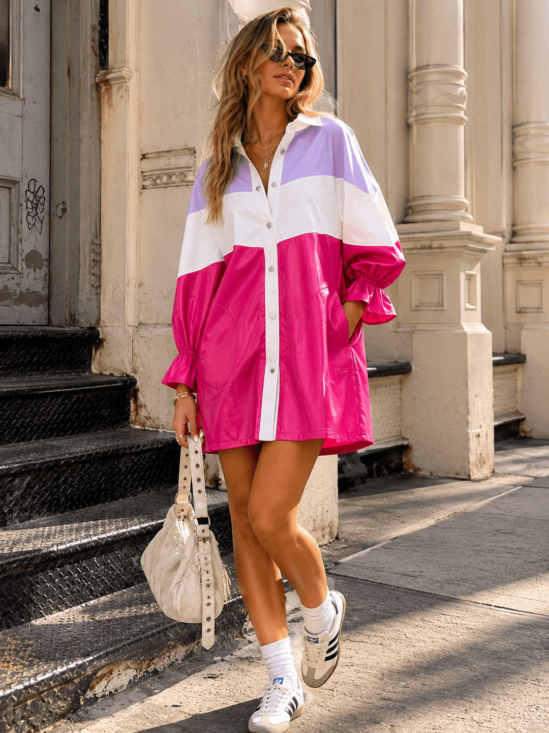 WOMEN'S 3/4 SLEEVE BUTTON UP POCKETS COLORBLOCK PU PLEATHER MINI DRESS