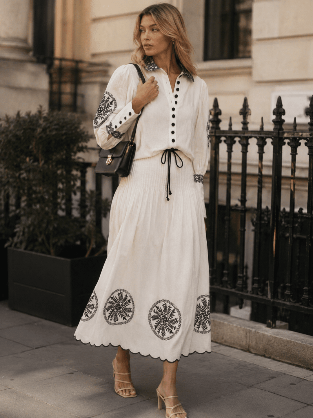 WOMEN'S LONG SLEEVE BUTTON UP TOP & ELASTIC WAIST MAXI SKIRT MULTI PRINT 2PC. SET