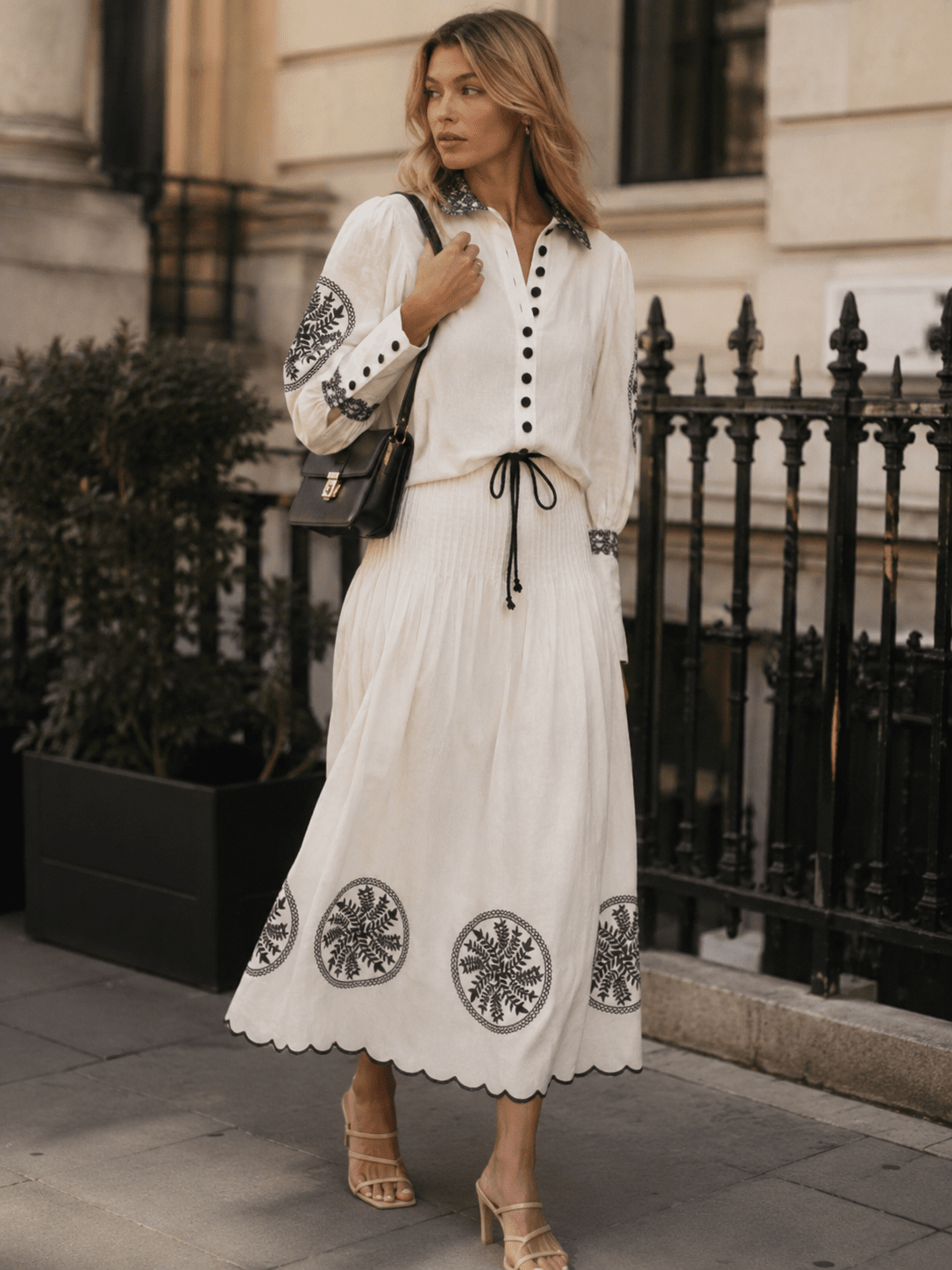 WOMEN'S LONG SLEEVE BUTTON UP TOP & ELASTIC WAIST MAXI SKIRT MULTI PRINT 2PC. SET