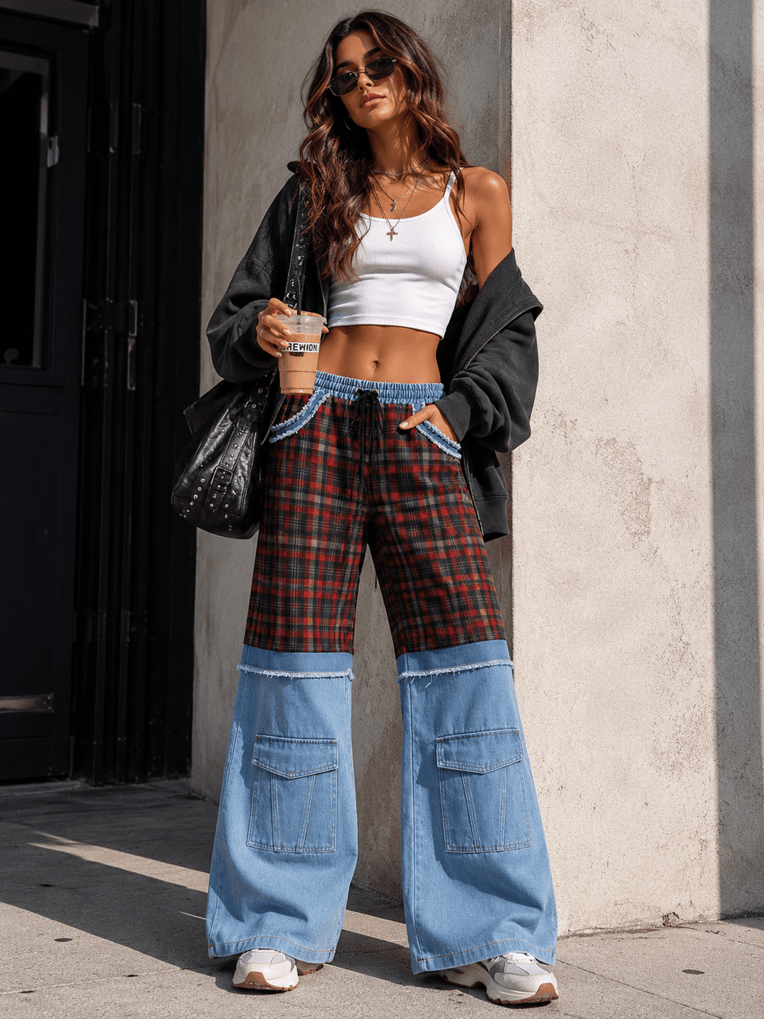 WOMEN'S ELASTIC WAIST POCKETS PLAID DENIM CONTRAST WIDE LEG PANTS