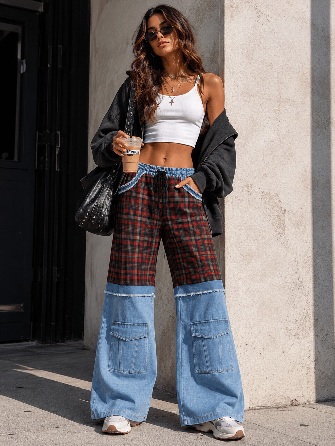WOMEN'S ELASTIC WAIST POCKETS PLAID DENIM CONTRAST WIDE LEG PANTS