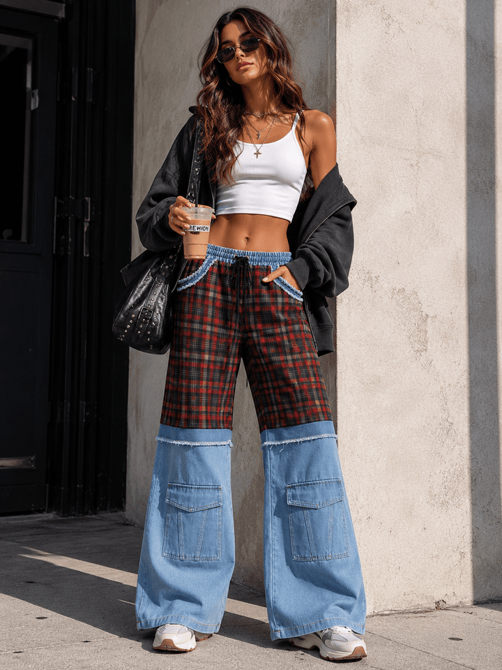 WOMEN'S ELASTIC WAIST POCKETS PLAID DENIM CONTRAST WIDE LEG PANTS