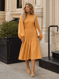 WOMEN'S LONG BALLON SLEEVE RUCHED BODY DETAILED MIDI DRESS