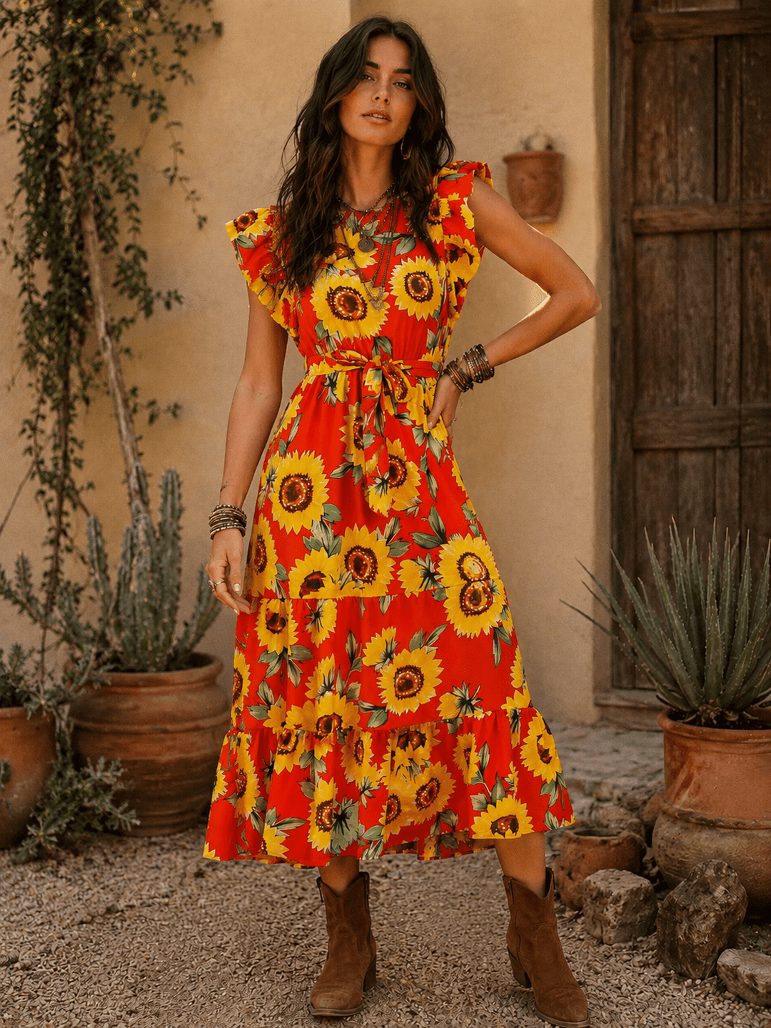 WOMEN'S SHORT RUFFLE SLEEVE ELASTIC WAIST FRONT POCKETS FLORAL MAXI DRESS