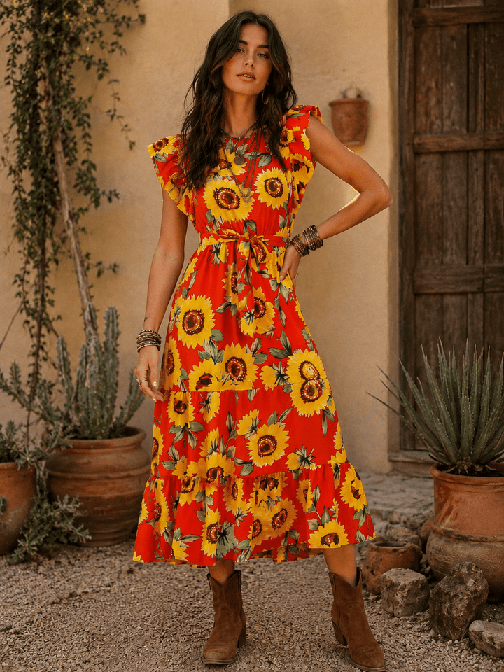 WOMEN'S SHORT RUFFLE SLEEVE ELASTIC WAIST FRONT POCKETS FLORAL MAXI DRESS