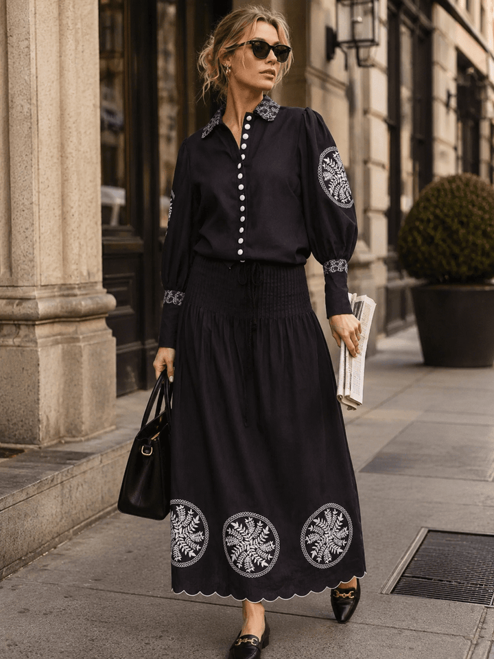 WOMEN'S LONG SLEEVE BUTTON UP TOP & ELASTIC WAIST MAXI SKIRT MULTI PRINT 2PC. SET