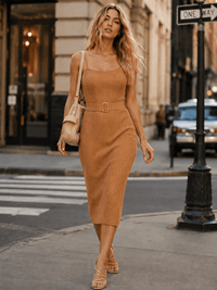 WOMEN'S SLEEVELESS SIDE SLIT BELT RIBBED BODYCON MIDI DRESS