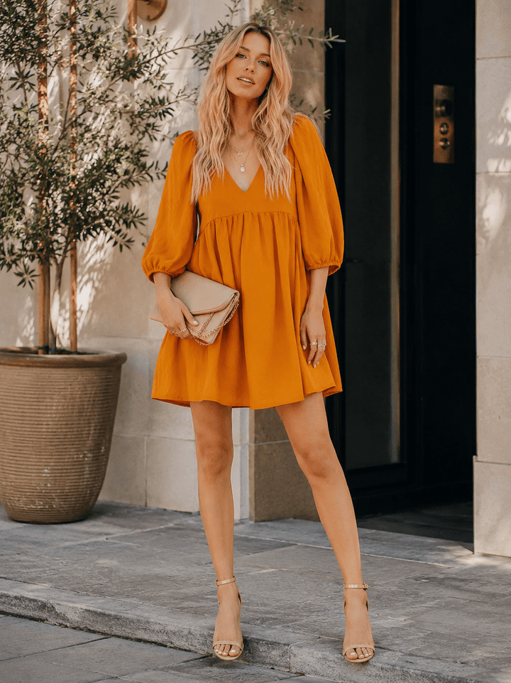 WOMEN'S 3/4 SLEEVE V-NECK LOOSE FIT MINI DRESS