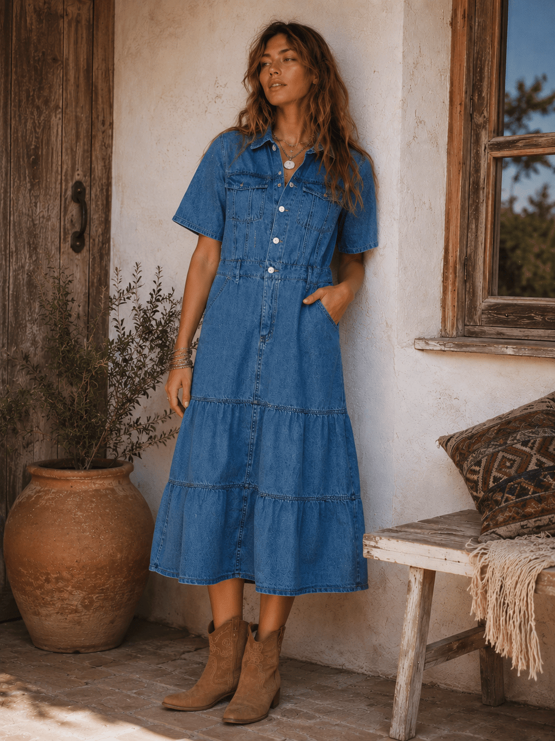 WOMEN'S SHORT SLEEVE BUTTON UP POCKETS TIERED DENIM MIDI DRESS