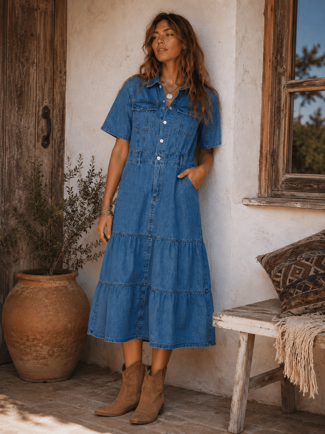WOMEN'S SHORT SLEEVE BUTTON UP POCKETS TIERED DENIM MIDI DRESS