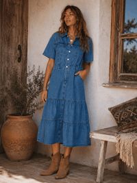WOMEN'S SHORT SLEEVE BUTTON UP POCKETS TIERED DENIM MIDI DRESS
