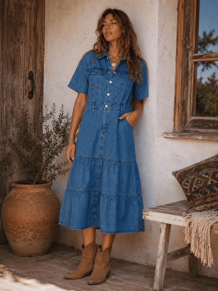 WOMEN'S SHORT SLEEVE BUTTON UP POCKETS TIERED DENIM MIDI DRESS