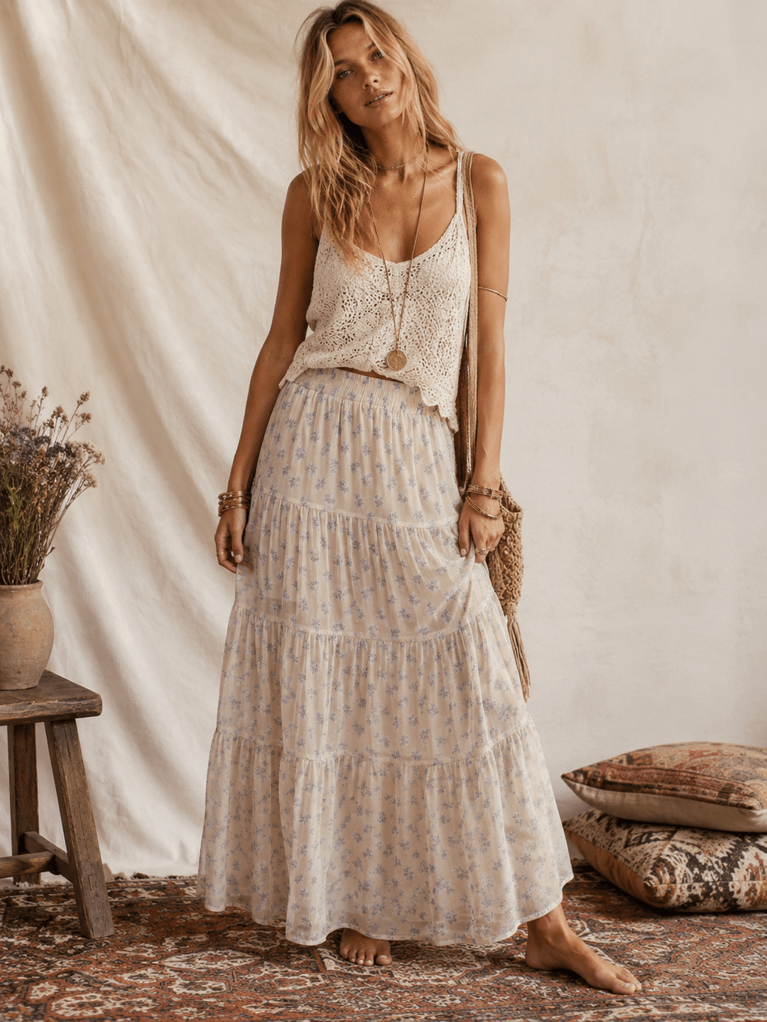WOMEN'S ELASTIC WAIST TIERED FLORAL MAXI SKIRT