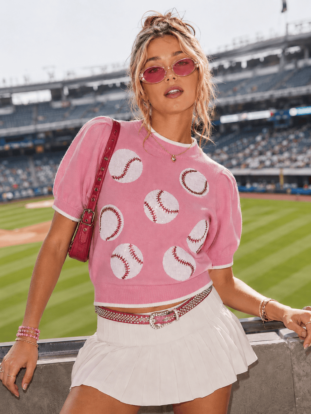WOMEN'S SHORT PUFF SLEEVE MOCK NECK BASEBALL GRAPHIC TOP