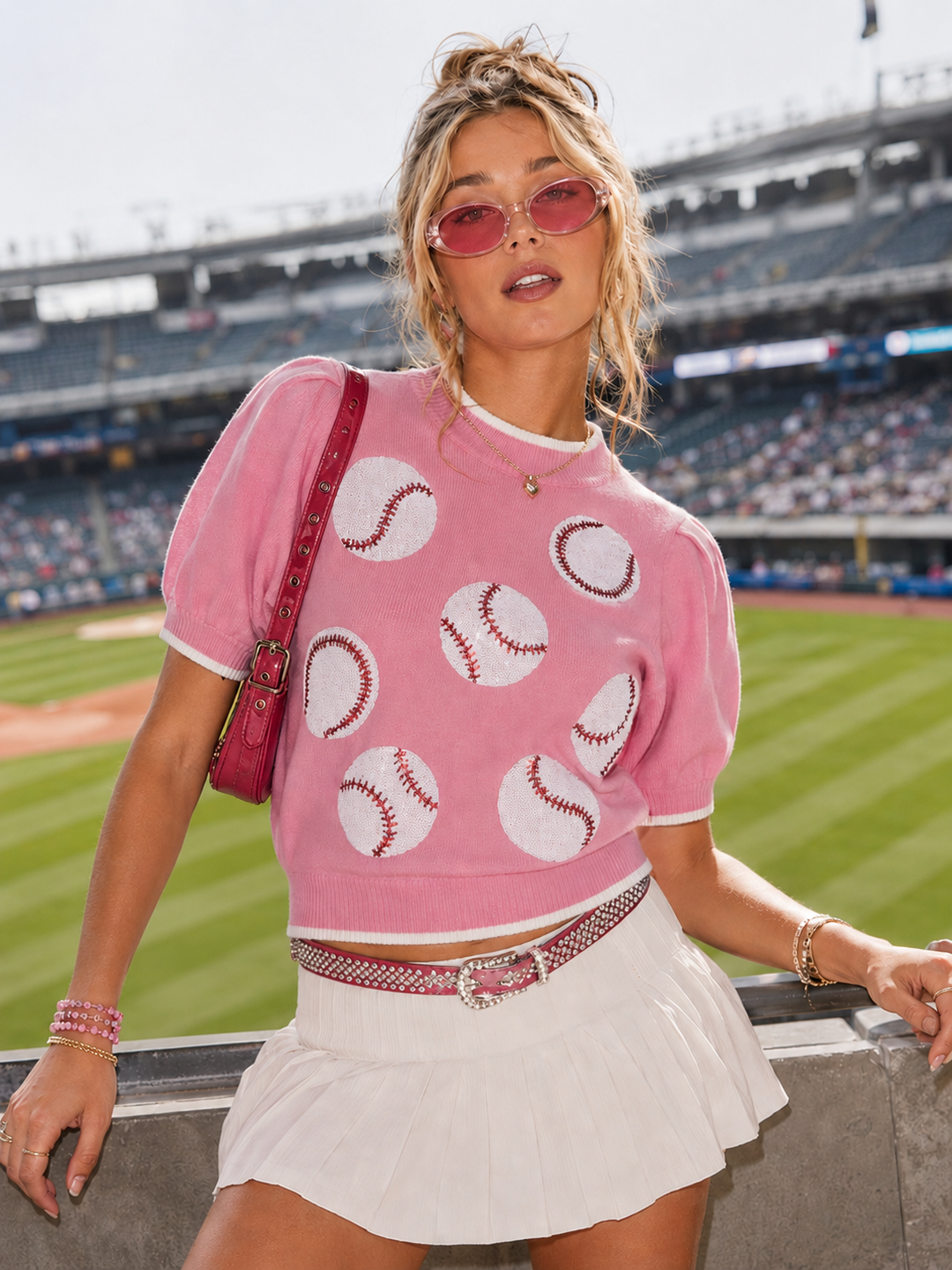 WOMEN'S SHORT PUFF SLEEVE MOCK NECK BASEBALL GRAPHIC TOP