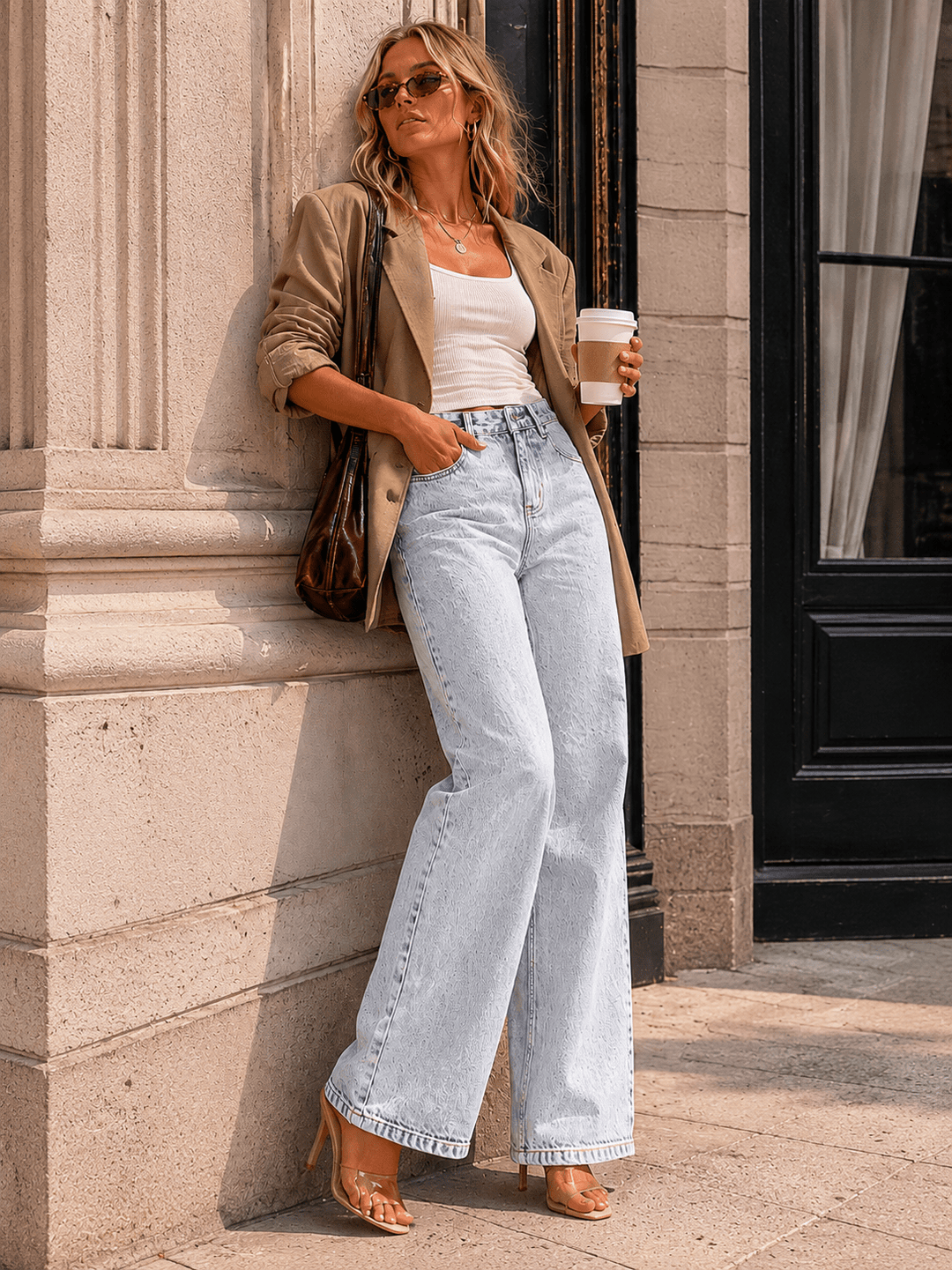 WOMEN'S BUTTON CLOSURE POCKETS WASHED DENIM STRAIGHT LEG PANTS