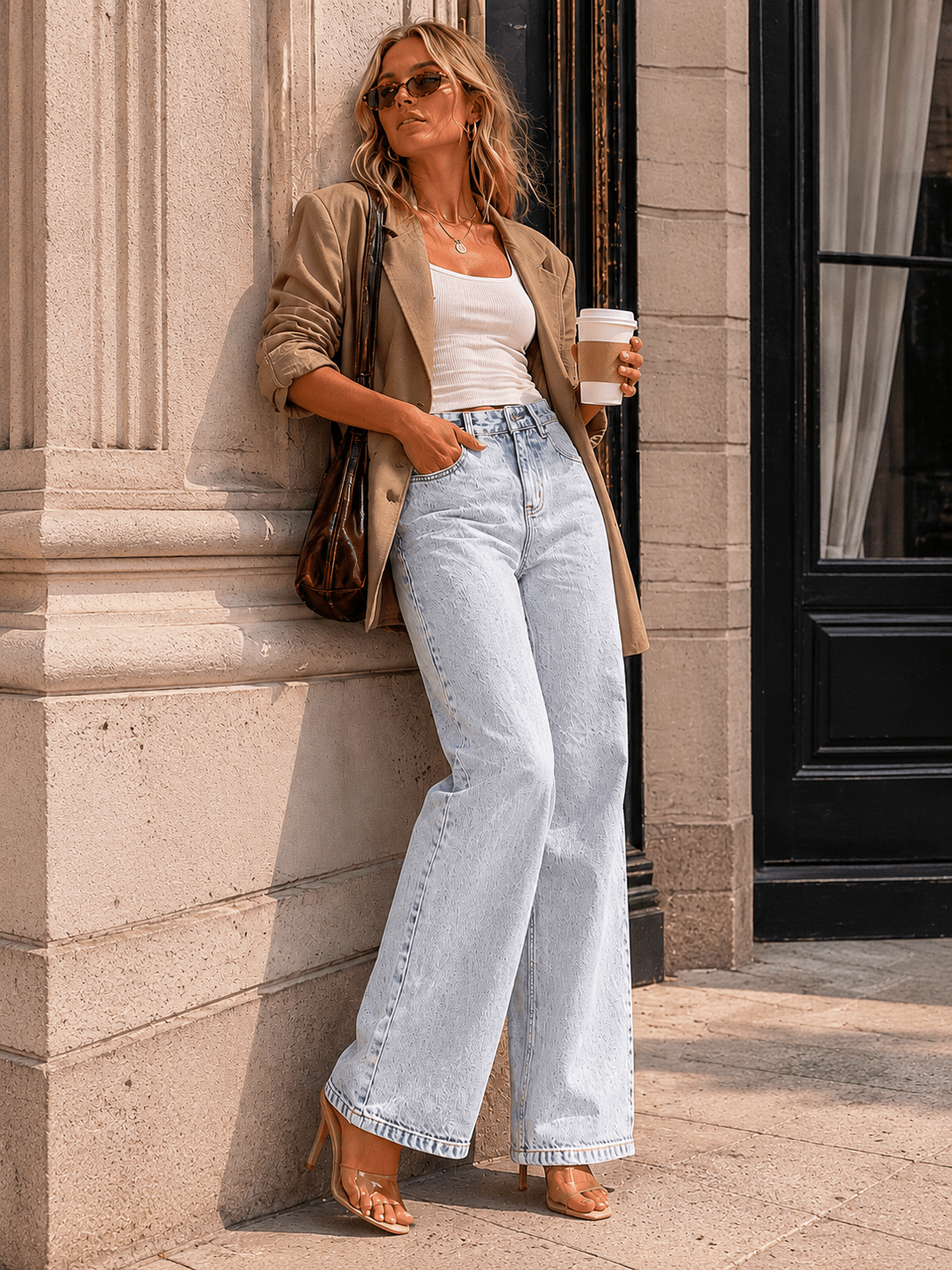 WOMEN'S BUTTON CLOSURE POCKETS WASHED DENIM STRAIGHT LEG PANTS