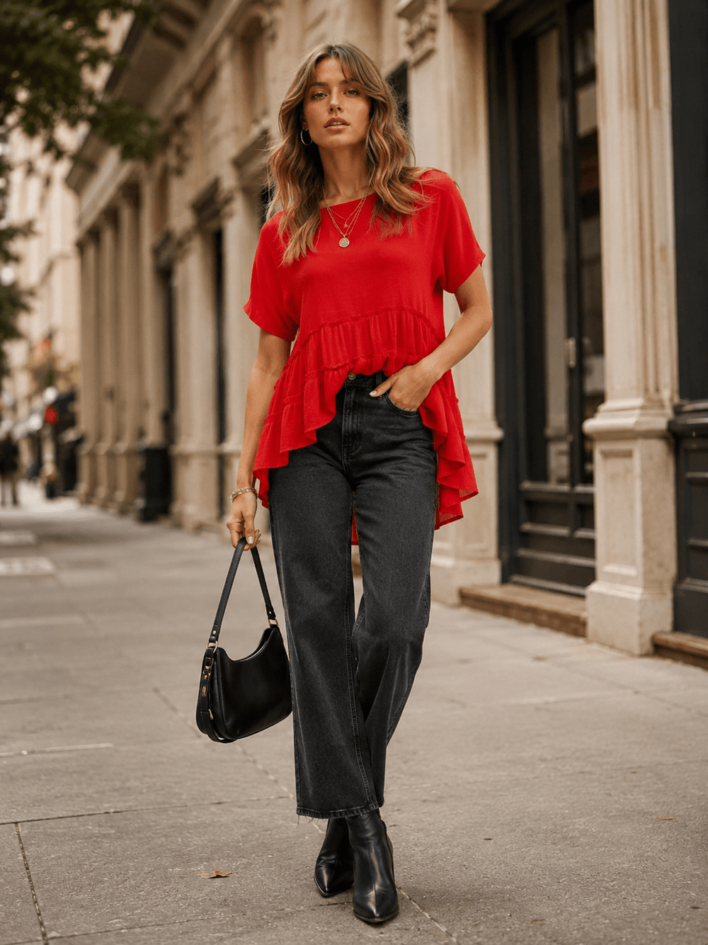 WOMEN'S SHORT SLEEVE TIERED HIGH-LOW BLOUSE