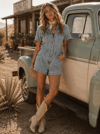 WOMEN'S SHORT SLEEVE BUTTON UP FRONT POCKETS FRINGE DENIM ROMPER