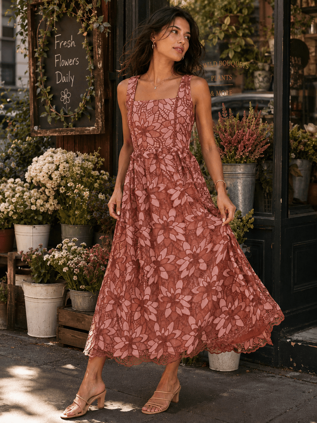 JUST ME WOMEN'S SLEEVELESS SQUARE NECK FRONT POCKETS CROCHET FLORAL MAXI DRESS