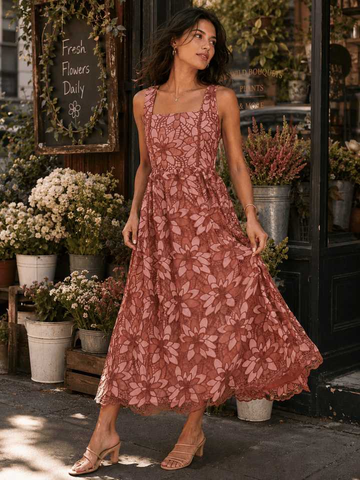 JUST ME WOMEN'S SLEEVELESS SQUARE NECK FRONT POCKETS CROCHET FLORAL MAXI DRESS
