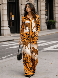 WOMEN'S LONG SLEEVE BLOUSE & ELASTIC WAIST WIDE LEG PANTS ANIMAL PRINT 2PC. SET