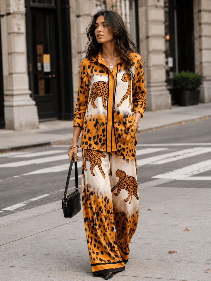 WOMEN'S LONG SLEEVE BLOUSE & ELASTIC WAIST WIDE LEG PANTS ANIMAL PRINT 2PC. SET