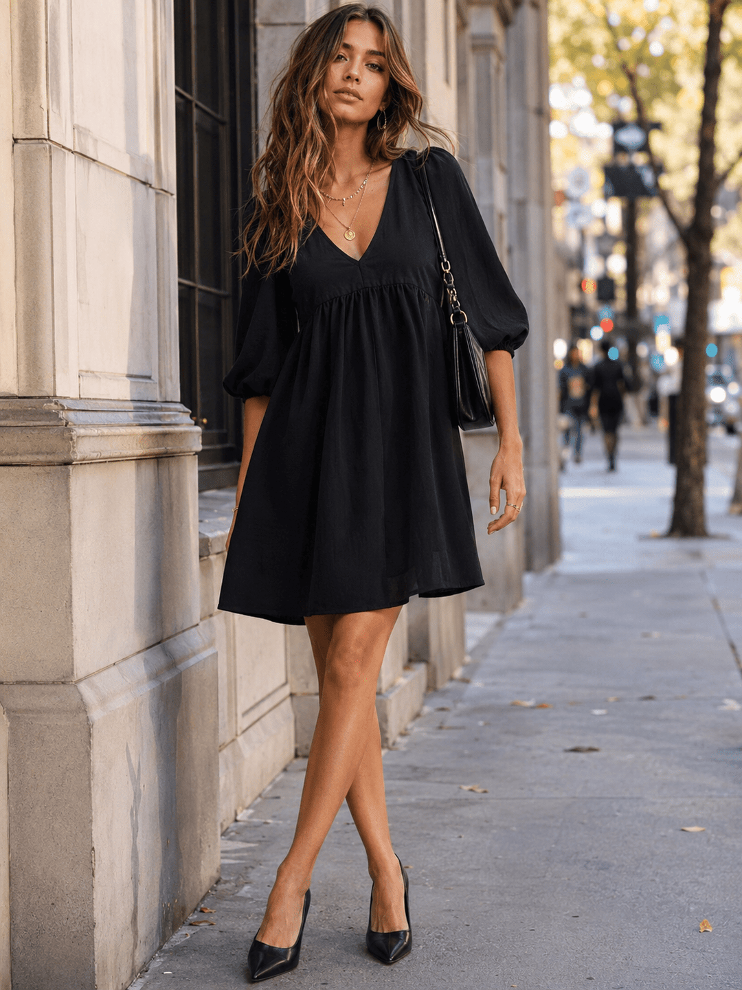 loose fitting little black dress Satin V-Neck Fit Sleeveless Razor Back Self-Tie Tassel Tip Straps Detail Mini /1-2-3 Just add heels and your favorite statement jewelry to complete the look Velvi - Zoe Mini Dress