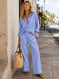WOMEN'S LONG SLEEVE BUTTON UP SHIRT & ELASTIC WAIST WIDE LEG PANTS STRIPES 2PC. SET
