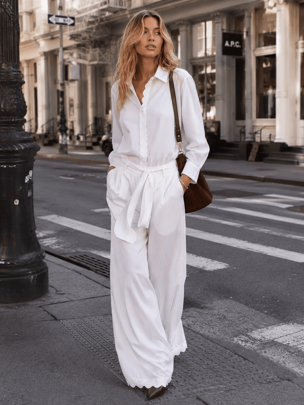 WOMEN'S LONG SLEEVE TOP & BUTTON CLOSURE PANTS TRIM DETAILED 2PC. SET