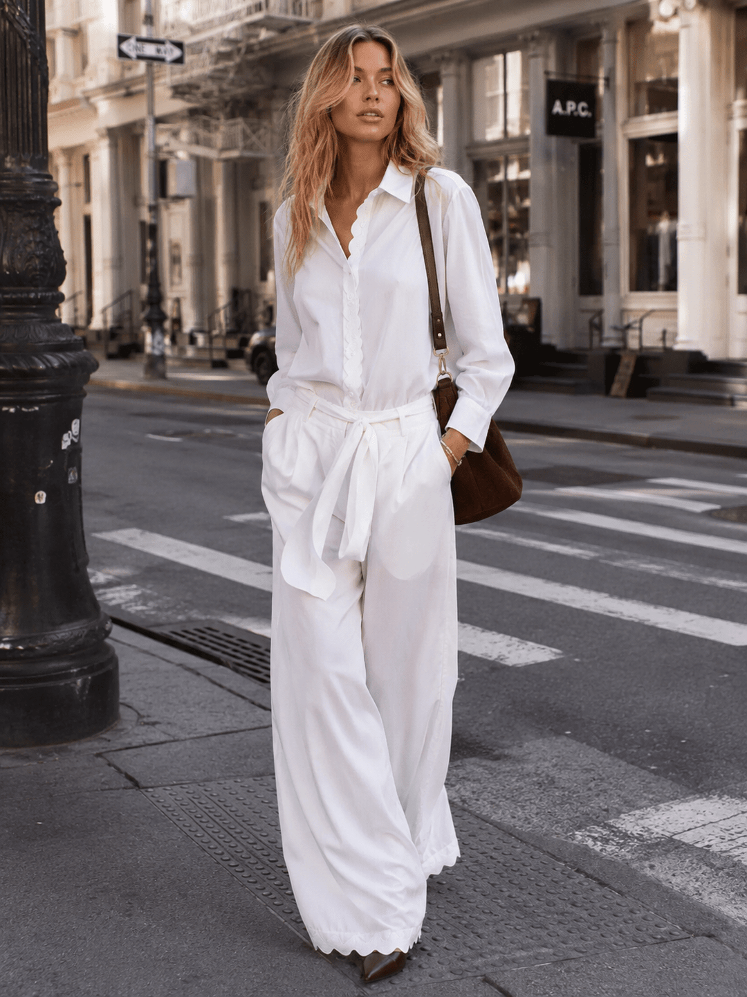 WOMEN'S LONG SLEEVE TOP & BUTTON CLOSURE PANTS TRIM DETAILED 2PC. SET