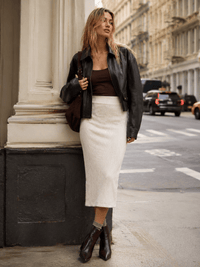WOMEN'S ELASTIC WAIST RIBBED PENCIL MIDI SKIRT