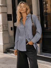 WOMEN'S LONG SLEEVE BUTTON UP FRONT POCKETS OVERSIZED STRIPES SHIRT