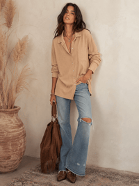 WOMEN'S LONG SLEEVE BUTTON CLOSURE FRONT POCKET RIBBED TOP
