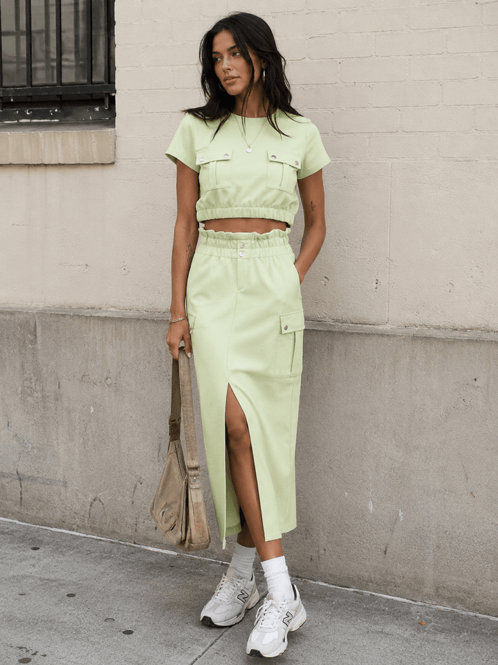 WOMEN'S SHORT SLEEVE TOP & ELASTIC WAIST MAXI SKIRT SOLID 2PC. SET