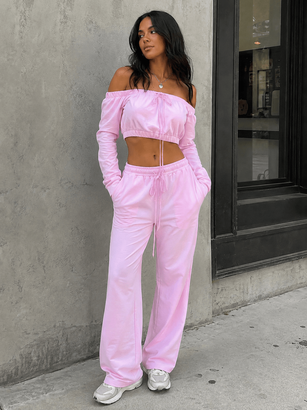 WOMEN'S LONG SLEEVE CROP TOP & ELASTIC WAIST PANTS SOLID 2PC. SET