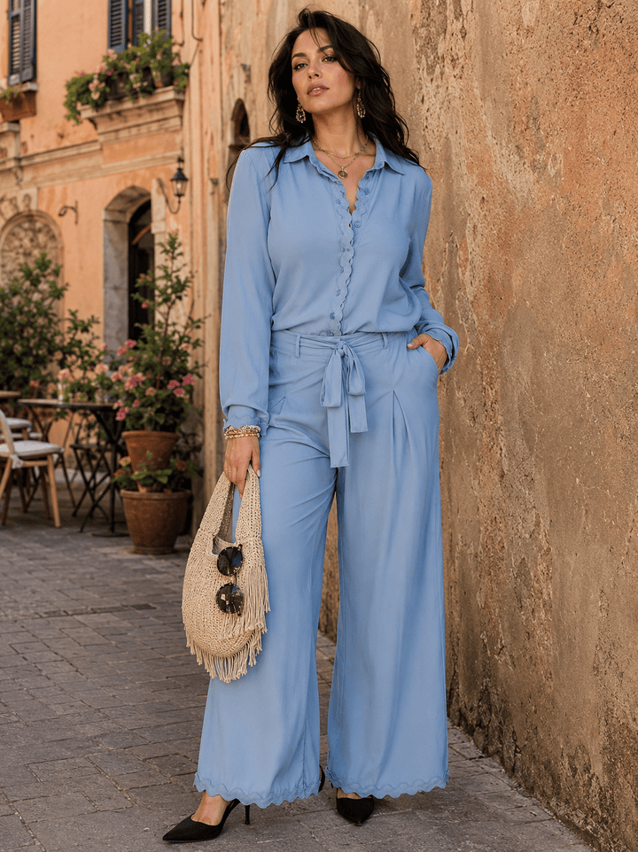 WOMEN'S LONG SLEEVE TOP & BUTTON CLOSURE PANTS TRIM DETAILED 2PC. SET
