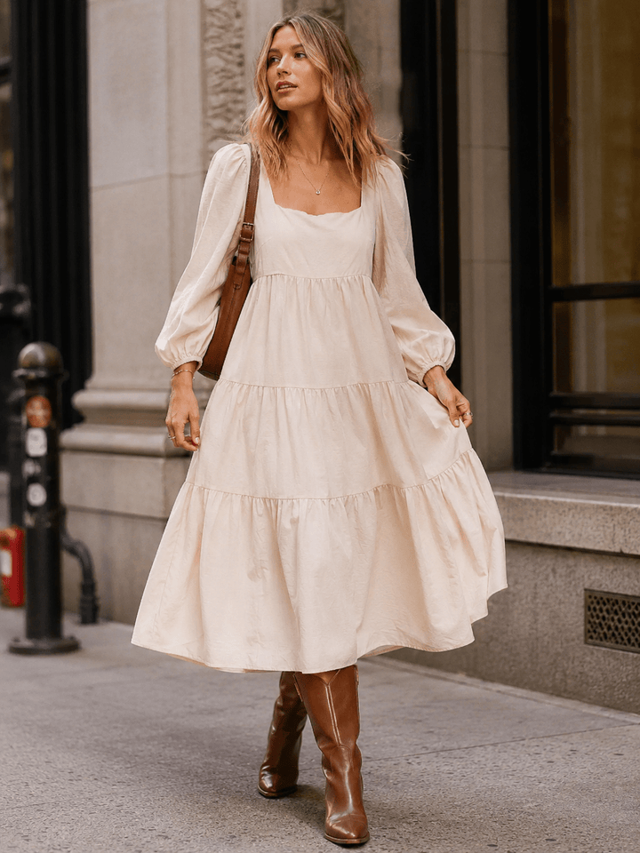 WOMEN'S LONG SLEEVE SQUARE NECK FRONT POCKETS TIERED MAXI DRESS