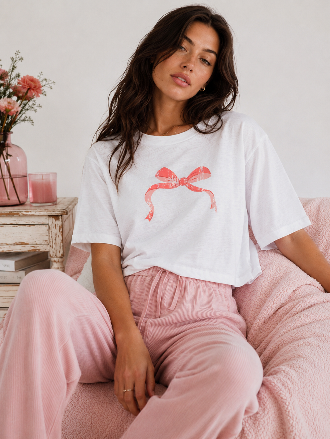 WOMEN'S SHORT SLEEVE BOW PRINT BASIC TOP