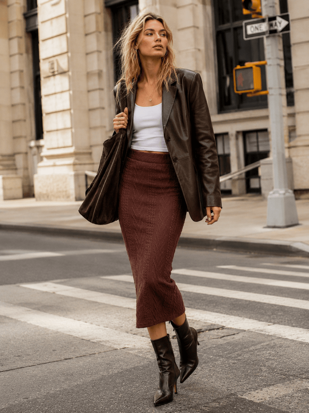 WOMEN'S ELASTIC WAIST RIBBED PENCIL MIDI SKIRT
