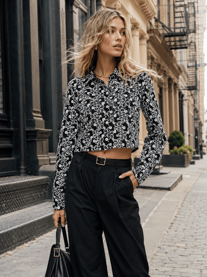 WOMEN'S LONG SLEEVE BUTTON UP FLOWER SEQUINS TOP