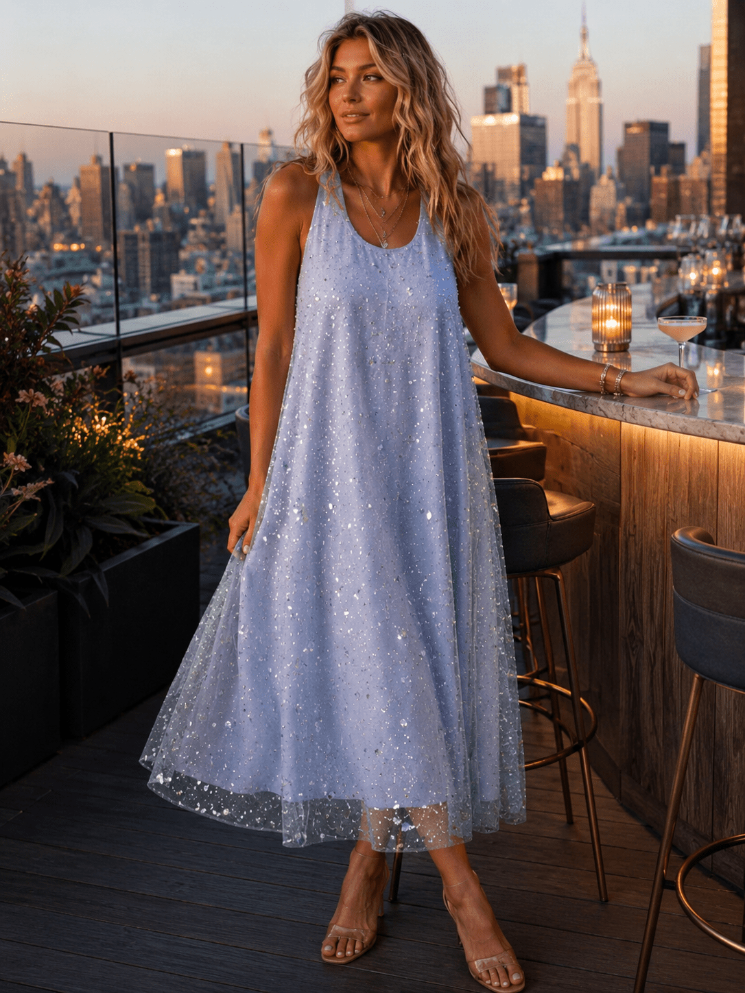 JUST ME WOMEN'S SLEEVELESS HALTER NECK SEQUINS DETAILED MAXI DRESS