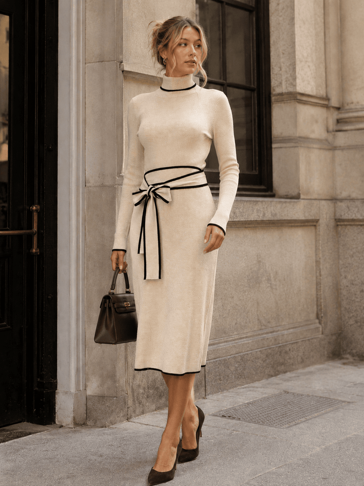 WOMEN'S LONG SLEEVE TURTLE NECK SELF TIE RIBBED MIDI DRESS