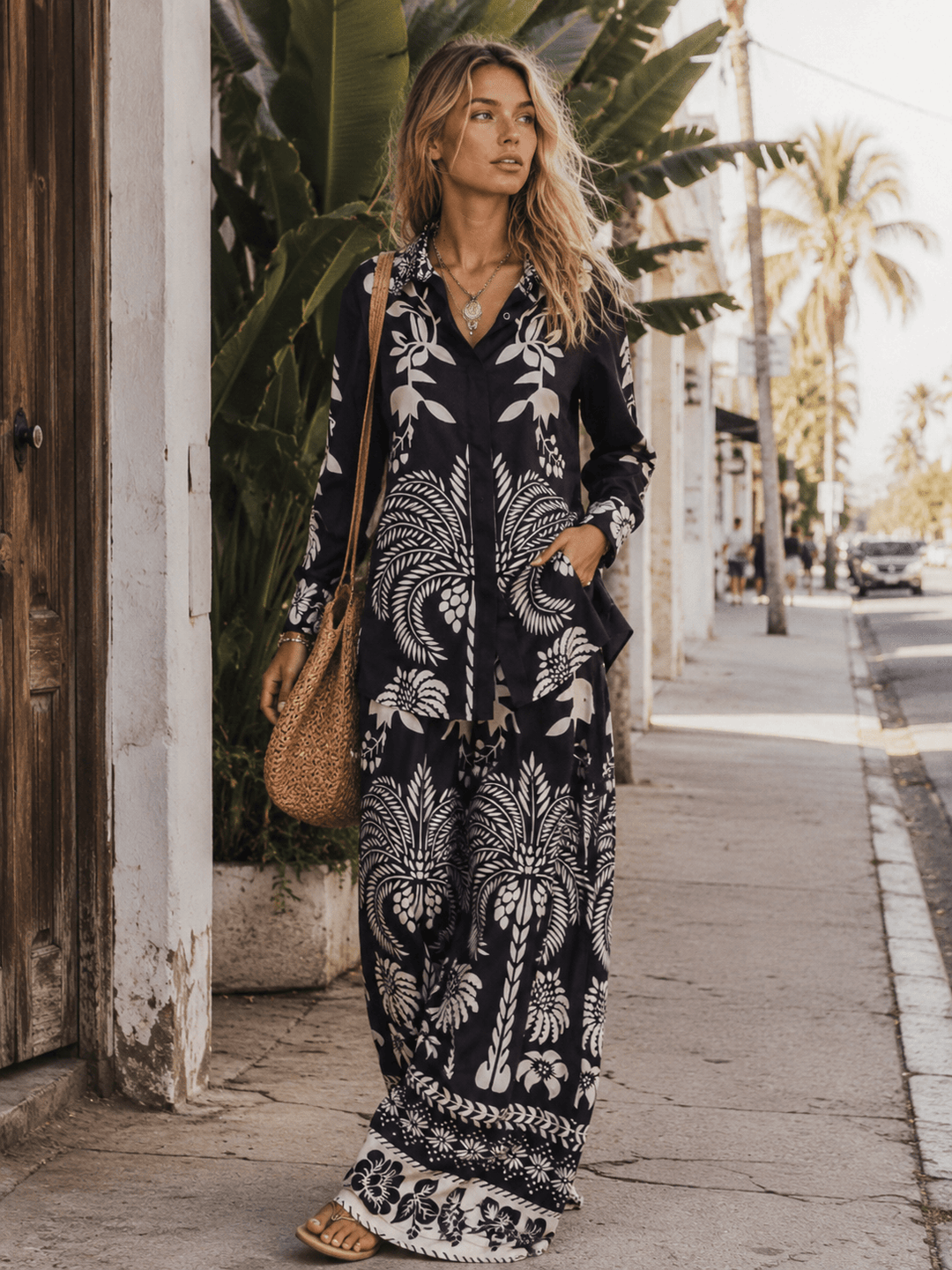 WOMEN'S LONG SLEEVE BLOUSE & ELASTIC WAIST WIDE LEG PANTS MULTI PRINT 2PC. SET