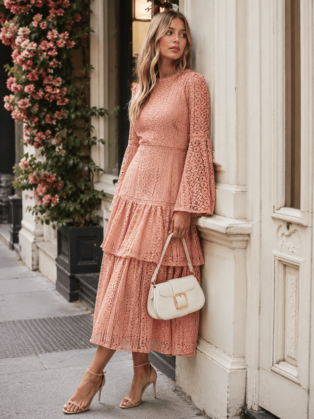 JUST ME WOMEN'S LONG BELL SLEEVE TIERED CROCHET MAXI DRESS