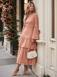 JUST ME WOMEN'S LONG BELL SLEEVE TIERED CROCHET MAXI DRESS