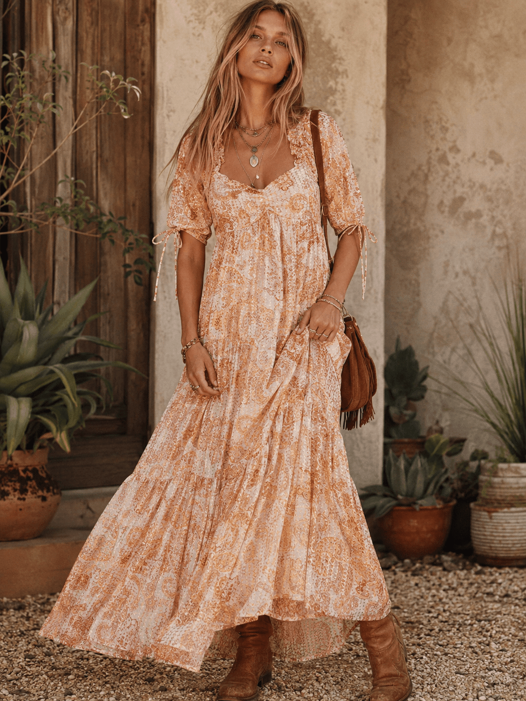 WOMEN'S SHORT SLEEVE V-NECK SHIMMER TIERED MULTI PRINT SMOCK MAXI DRESS